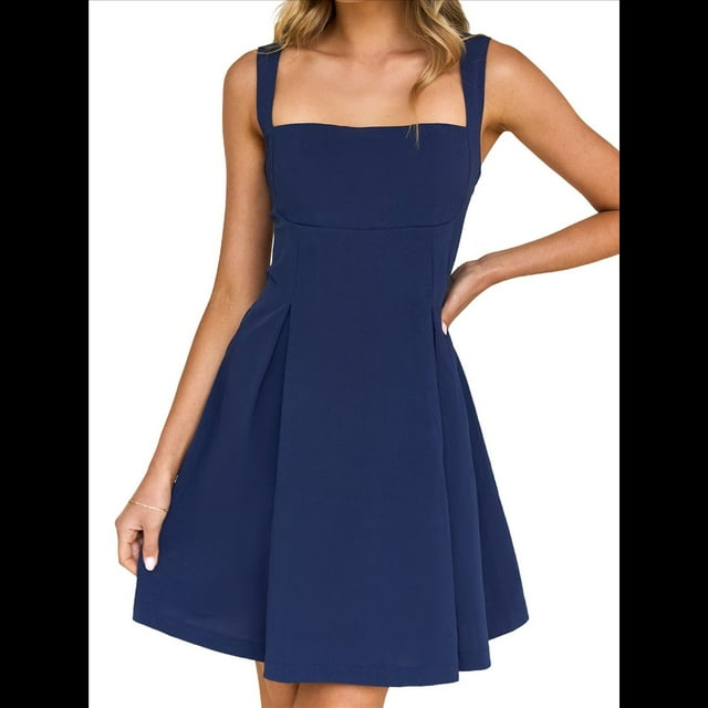 Robe Mini Sans Manches 2025 pour Femmes Dos Nu à Nouer Col Carré Courte Robe de Soirée Bleu Marine G
