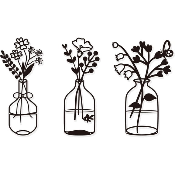 BSTSELER 3 Pcs Black Metal Flowers Wall Decor Bathroom Decor Metal Vase Wall Art Metal Wall Sculptures Hanging for Indoor Kitchen Bathroom Bedroom living room Halloween Thanksgiving Christmas Gifts