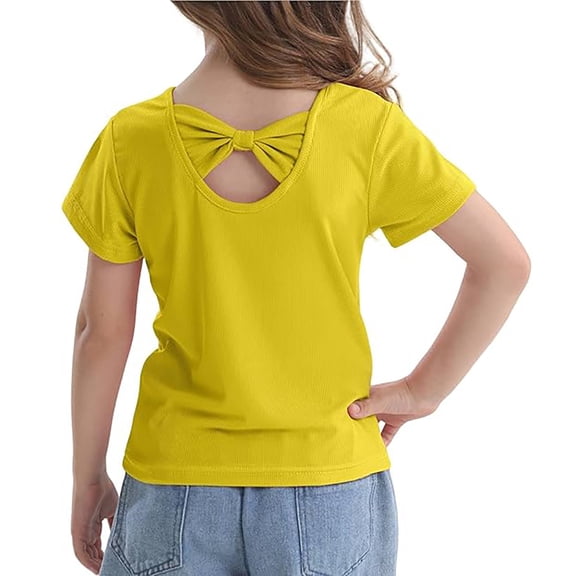 Krdevn Girls Tops Short Sleeve Tee with Back Bow Design Casual Round Neck Shirt for Toddler Outdoor Play School Everyday Wear Soft Comfortable Breathable,6-7 Years