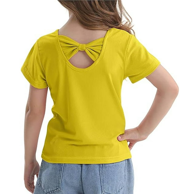 T-shirts à Nœud pour Filles, Col Rond Côtelé, Manches Courtes, Hauts d'Été Tendance