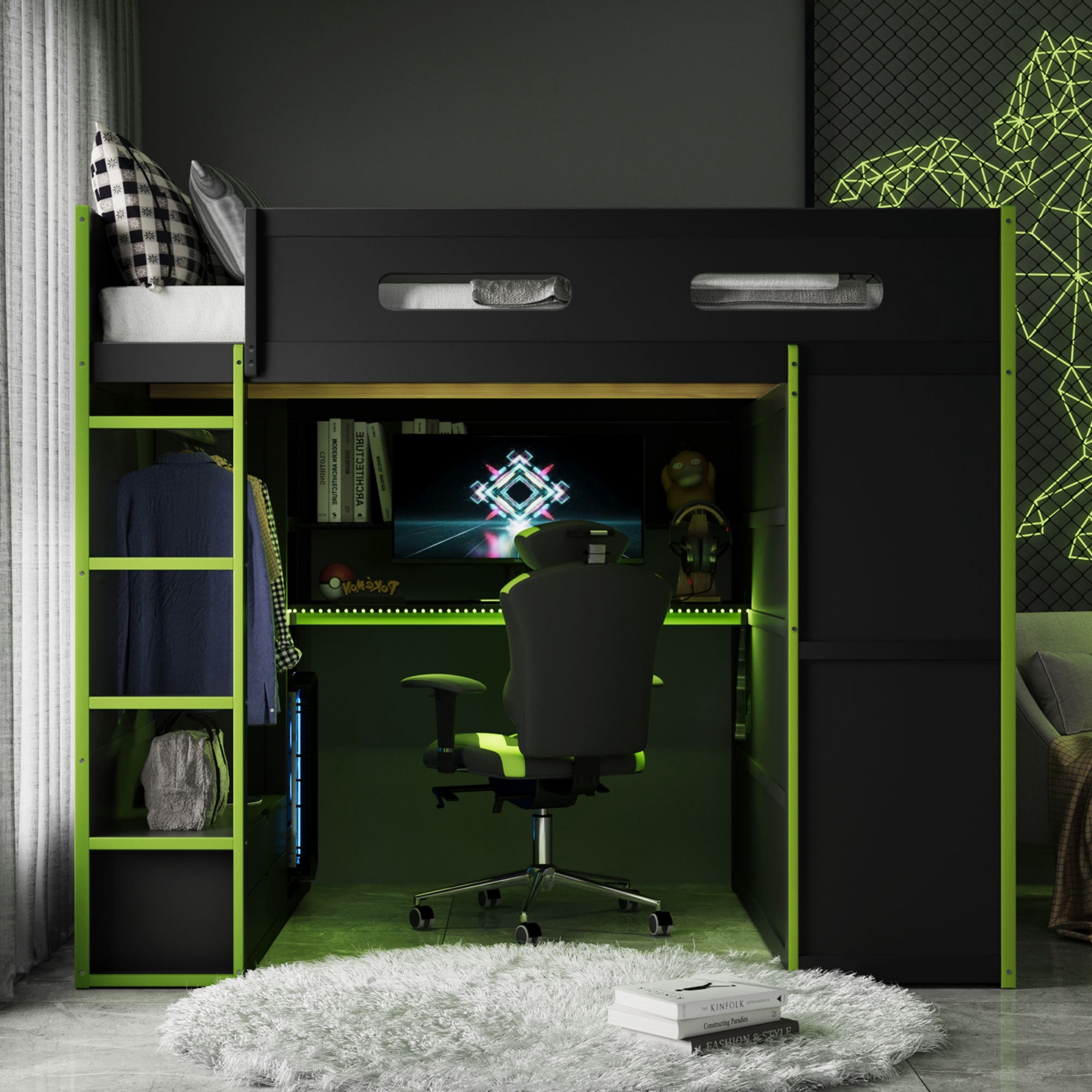 Aukfa Full Size Gaming Loft Bed, Esports Bed Frame with Desk, Wardrobe, RGB LED Lights & Charging Station, Shelves, Green