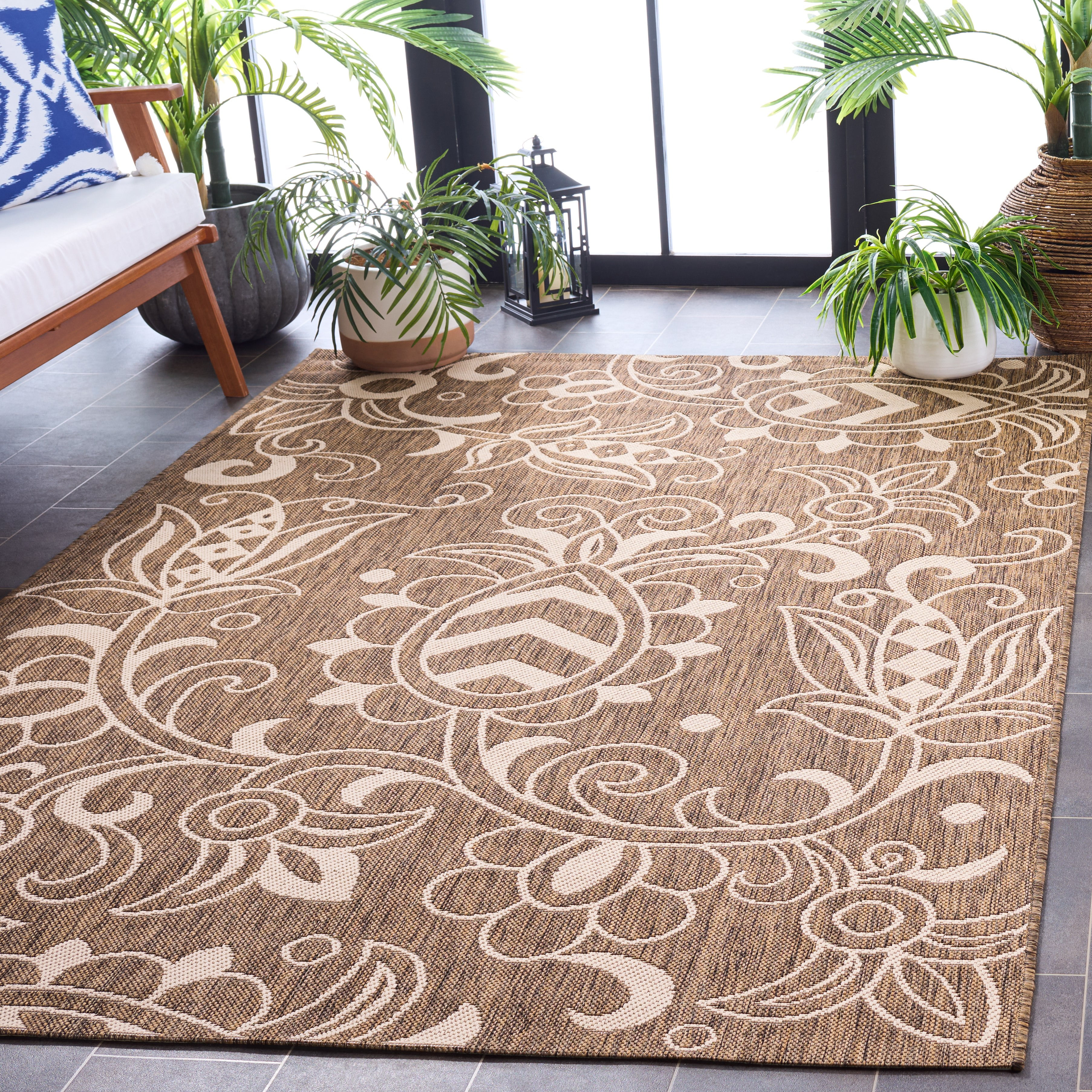 SAFAVIEH Beach House Robynne Botanical Indoor/Outdoor Area Rug, Brown/Beige, 8' x 10'
