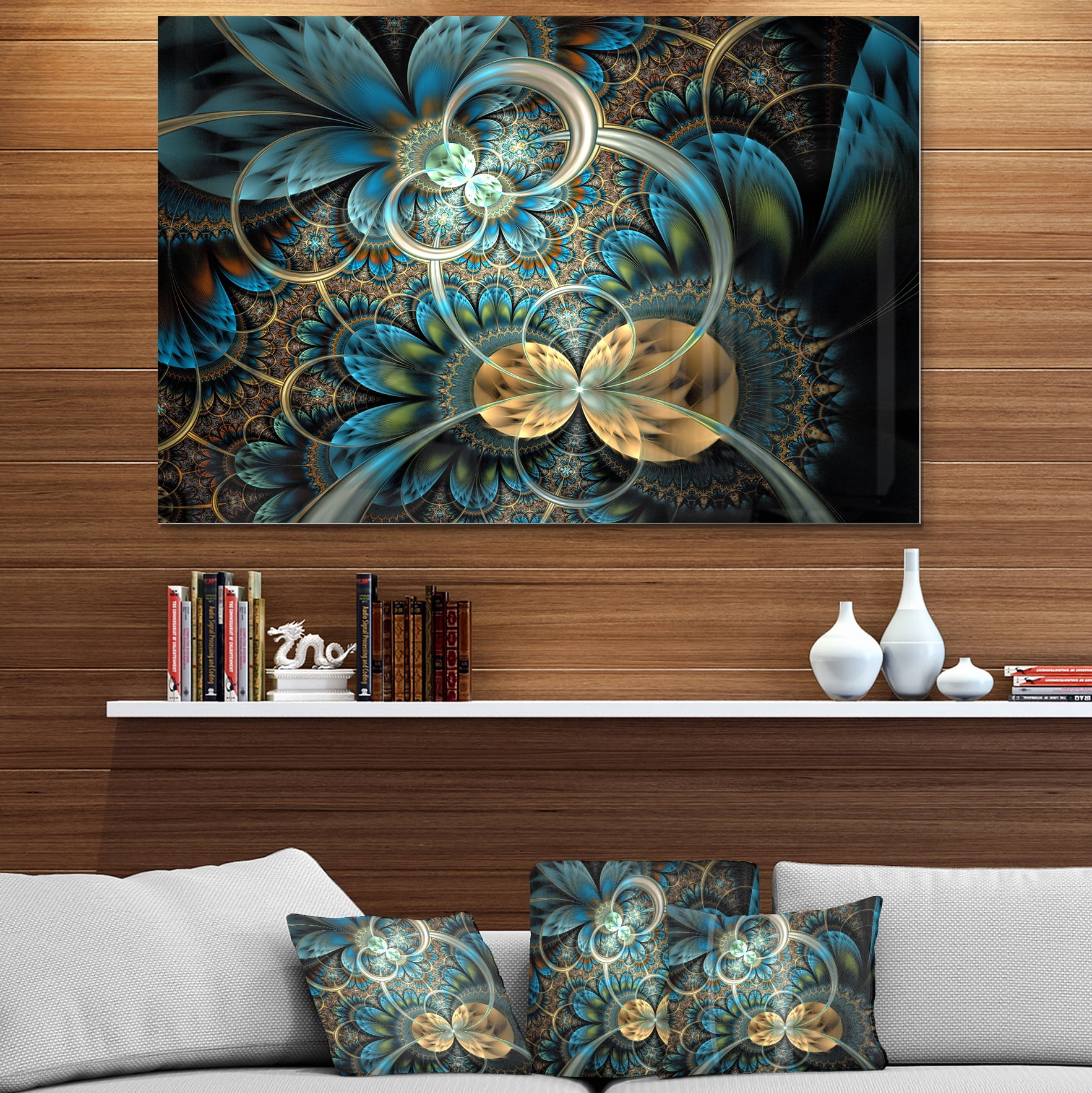Designart 'Symmetrical Blue Gold Fractal Flower ' Large Contemporary Metal Wall Art Panels