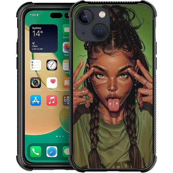 Phone Case Compatible with iPhone 14 Plus,Tongue Sticking Out Cool Black Girl Girl Cases, Tempered Glass Back Soft Silicone TPU Shock Protective Case for iPhone 14 Plus.