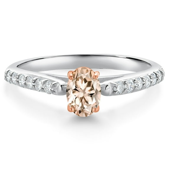 Gem Stone King 925 Silver and 10K Rose Gold Peach Morganite and White Lab Grown Diamond Engagement Ring for Women (0.68 Cttw, Oval 6X4MM, Gemstone October Birthstone, Size 9)