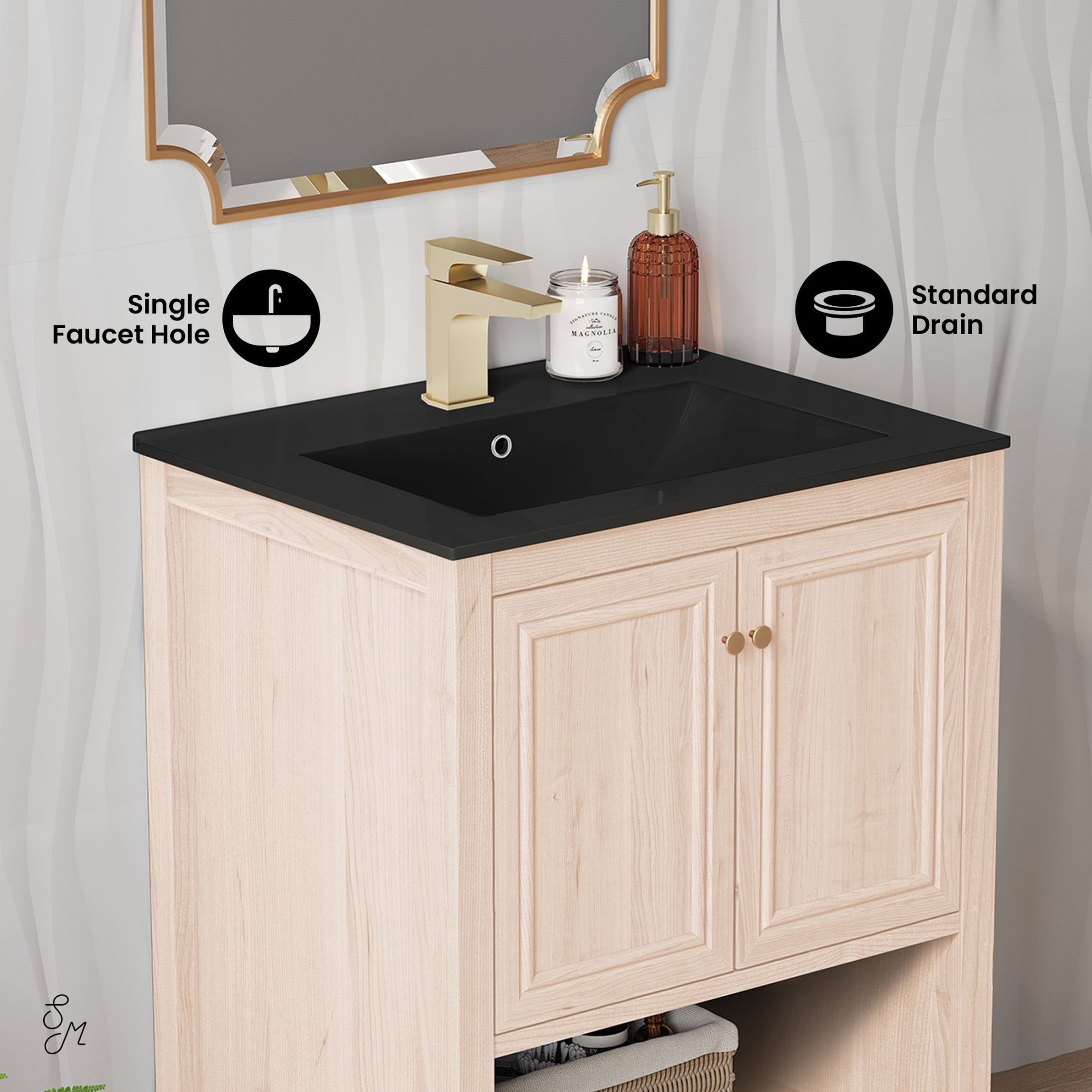 Chateau 24" Freestanding Bathroom Vanity in White Oak with Black Sink Top