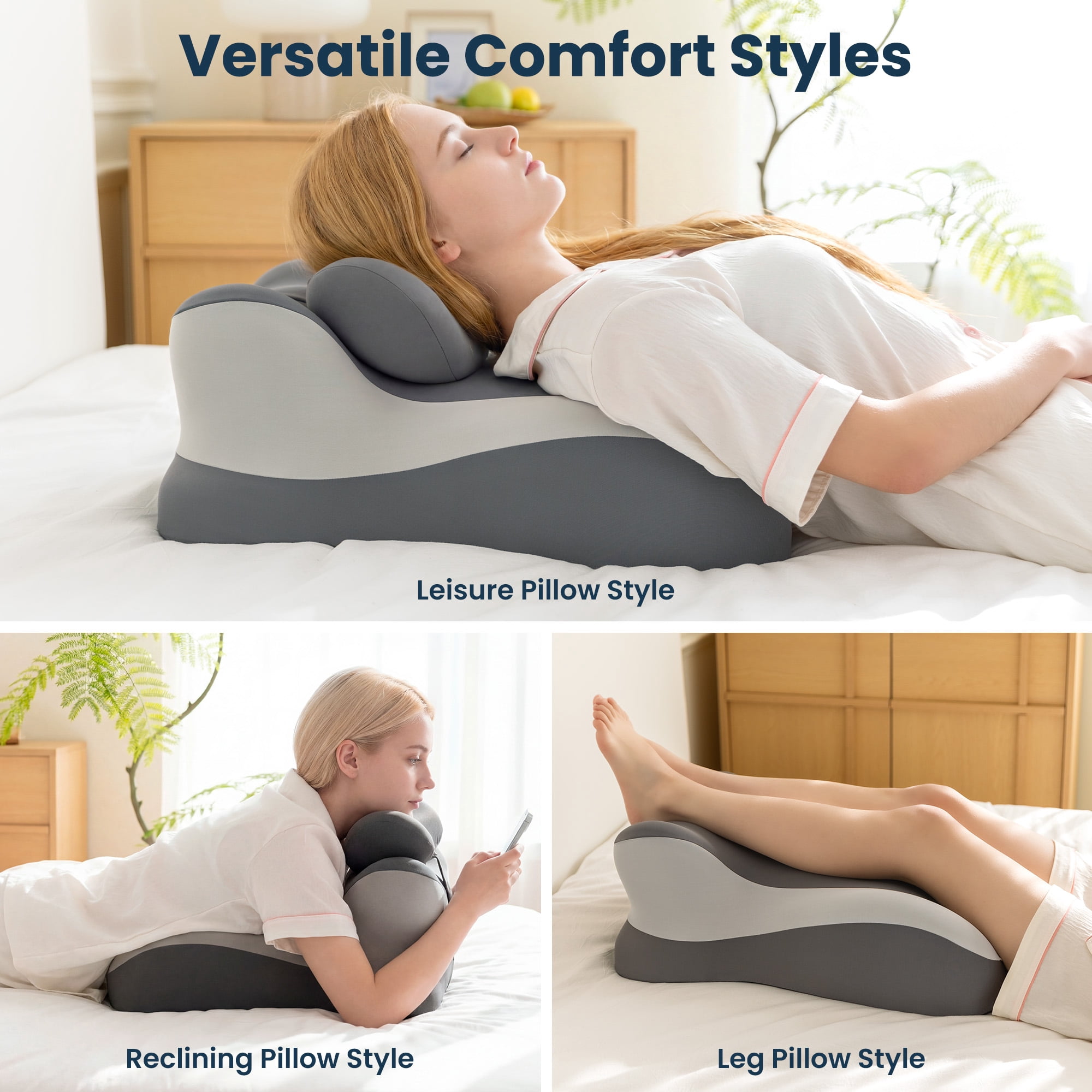 SLEEP ZONE Memory Foam Reading Pillow, Multi-Position Support Bed Pillow for Petite Adults, Reading Tools, Fun Couple Pillows Prone Back and Knee Support Leg Elevation with Washable Cover, Gray