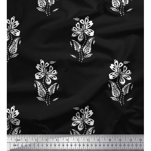 Soimoi Silk Fabric Leaves & Floral Block Print Fabric by The Yard 42 Inch Wide