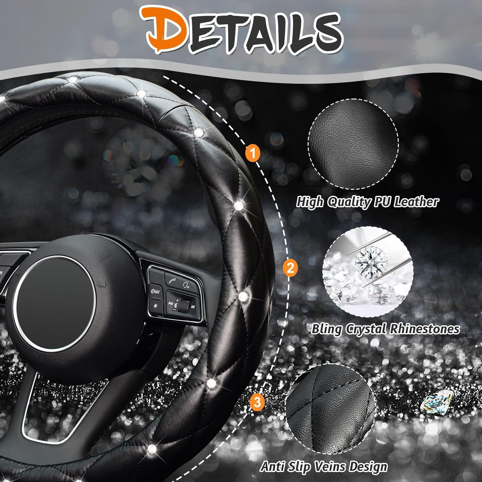 Diamond Soft Leather Anti-Slip Steering Wheel Cover, Stylish Wheel Cover, Cover for Vehicles, Sedans, SUVs, Vans, Trucks, Black