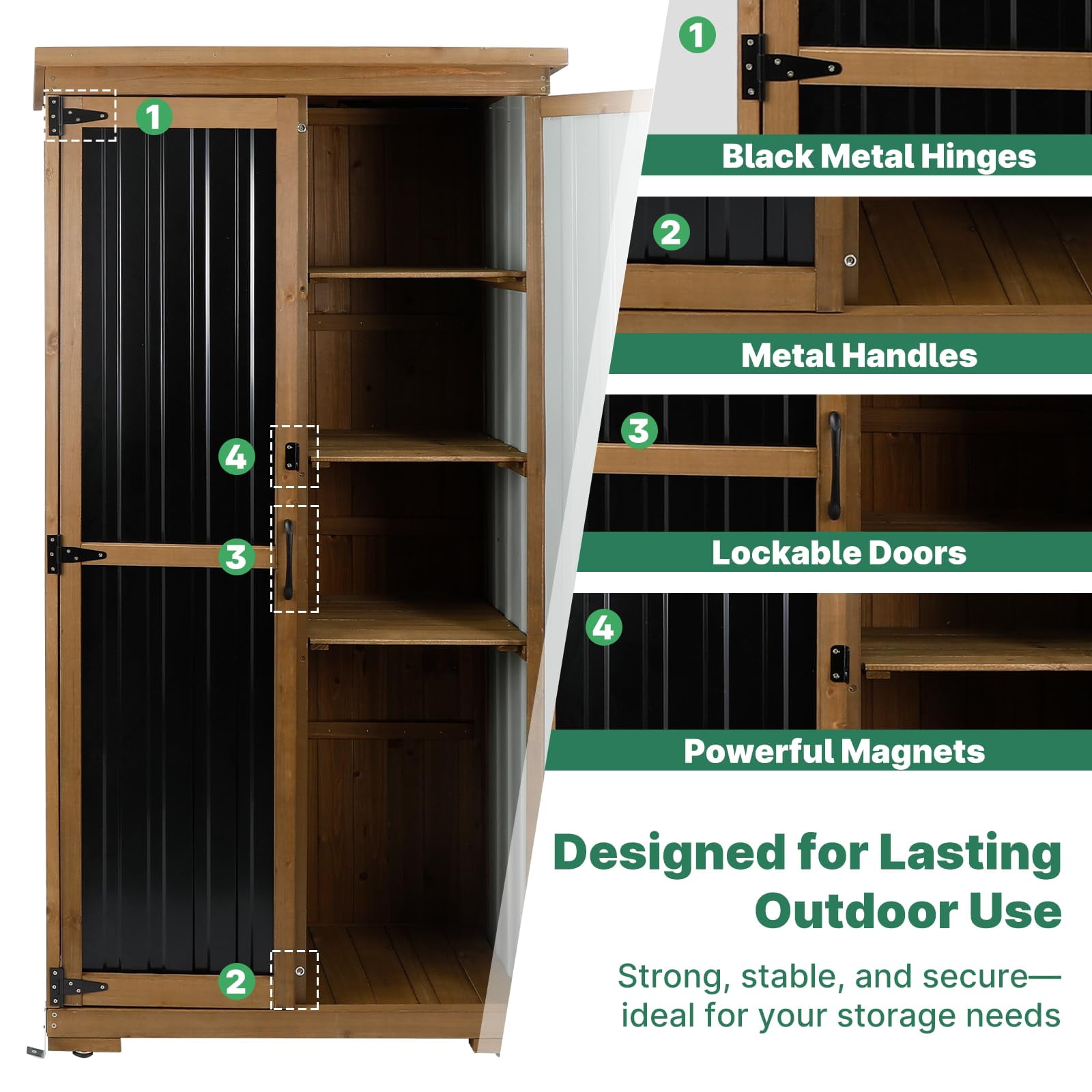 Gowoodhut Outdoor Storage Cabinet Wood & Metal, Tall Tool Shed with Weatherproof, Double Lockable Doors, Removable 3 Shelves, Adjustable Feet