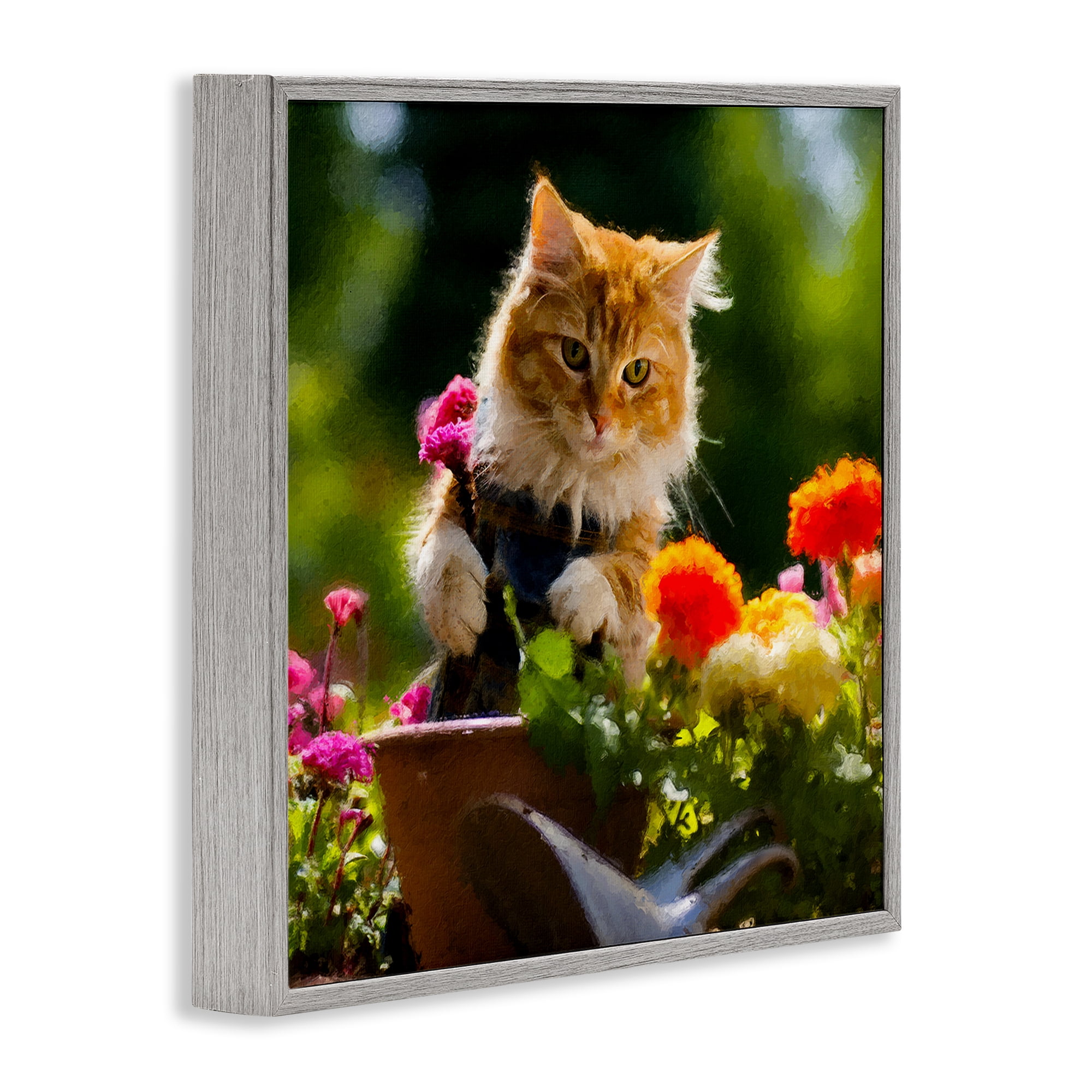 Stupell Industries Spring Gardener Kitten Animals & Insects Painting Gray Framed Art Print Wall Art, 24 x 24
