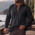 thumbnail image 2 of LODIENY Mens Linen Henley Shirts Casual Lightweight Loose Fit T Shirt Long Sleeve Banded Collar Half Button Down Vintage Beach Tops Black XXL, 2 of 5