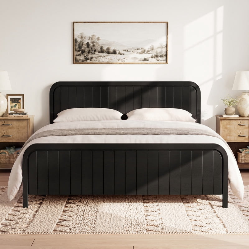 King Size Low Profile Bed Frame with Striped Headboard & Footboard, Wood Platform Bed with Slats Support & 7'' Under-Bed Space