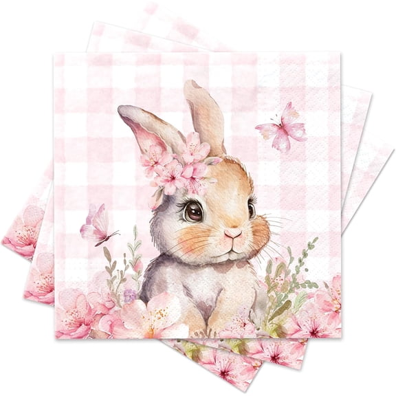 Cute Pink Bunny Paper Napkins, 50 Pcs, 3-Ply, 6.5 x 6.5 Inch, Disposable Rabbit Cocktail Napkins for Decoupage, Spring Holiday, Dinner Party, Wedding, Baby Shower, Birthday Party Decorations