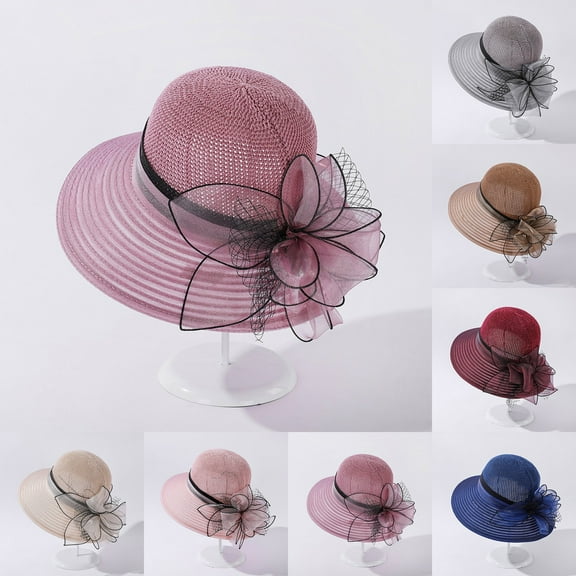 Baberdicy Women's Organza Wide Brim Sun Hat, Flower Decor Beach Wedding Cap,Beige Fits All – Gift Ready
