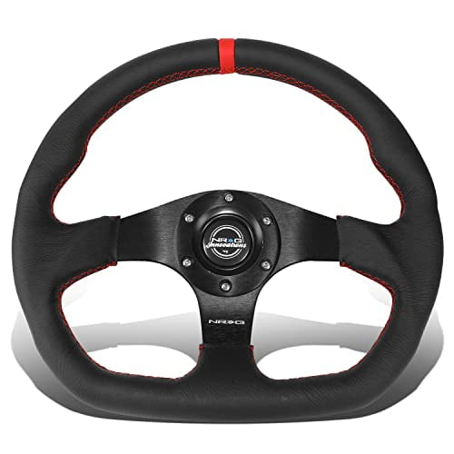 NRG Innovations RST-024MB-R-RD 3-Spoke Flat Bottom Suede Steering Wheel with Leather Cover + Horn Button, 6X70mm Bolt Pattern,Red Stitching