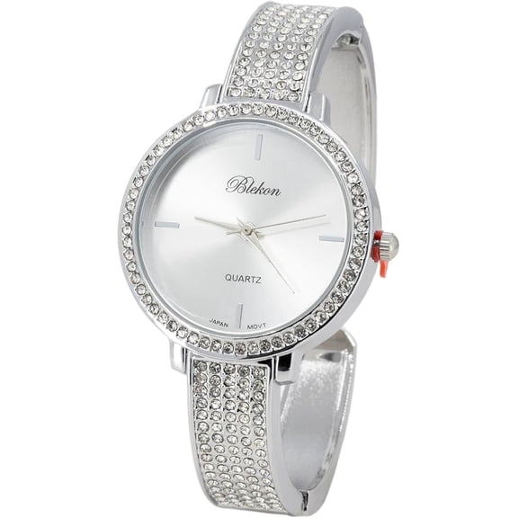 Blekon Collections Women's Analog Quartz Bracelet Watch, 32mm Rhinestone Round Dial, Metal Cuff Bangle Wrist Watch for Women, Fashion Dress Watch, Fits 7-8 Inch Wrists