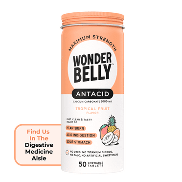 Wonderbelly Heartburn Relief Antacid Tablets, Tropical Fruit Flavor, 1000 mg, 50 Count