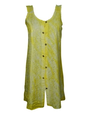 Mogul Women Sleeveless Dress Button Down Embroidered Flare Beach Sundress M