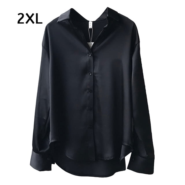 Blusa de mujer Camisa holgada de manga larga de satén Retro Girl Casual Top, Negro, XXL Vogacara AP001166-23B