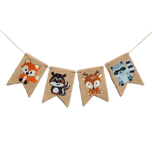 KAKOWELY Banderines de arpillera de aproximadamente 2 m con estampado de animales del bosque, banderines para tirar, suministros de decoración para fiestas de cumpleaños