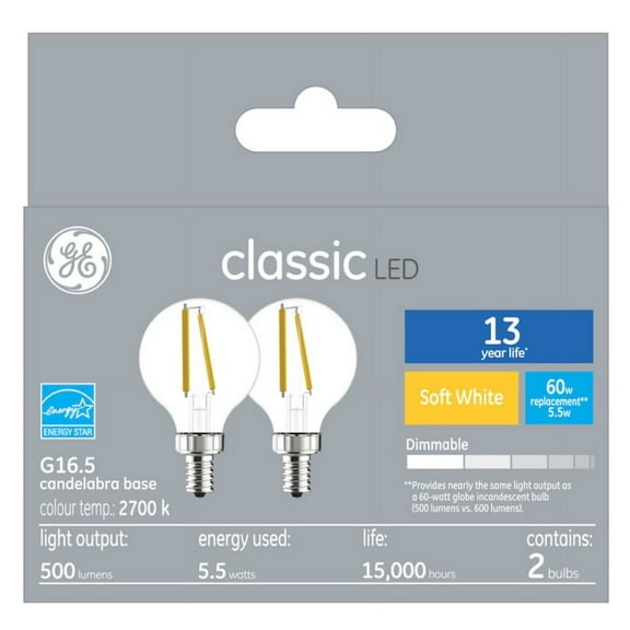 (2 bulbs) GE LED Decorative Globe, G16.5, 60 watt equivalent using only 5.5 watts, 500 lumens, 2700K Golden Soft White, Dimmable, Candelabra base, 13 year life