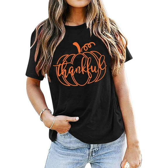 MOUSYA Thankful Pumpkin T-Shirts for Women Fall Pumpkin Shirts Thanksgiving Shirts Short Sleeve Pumpkin Shirt Top