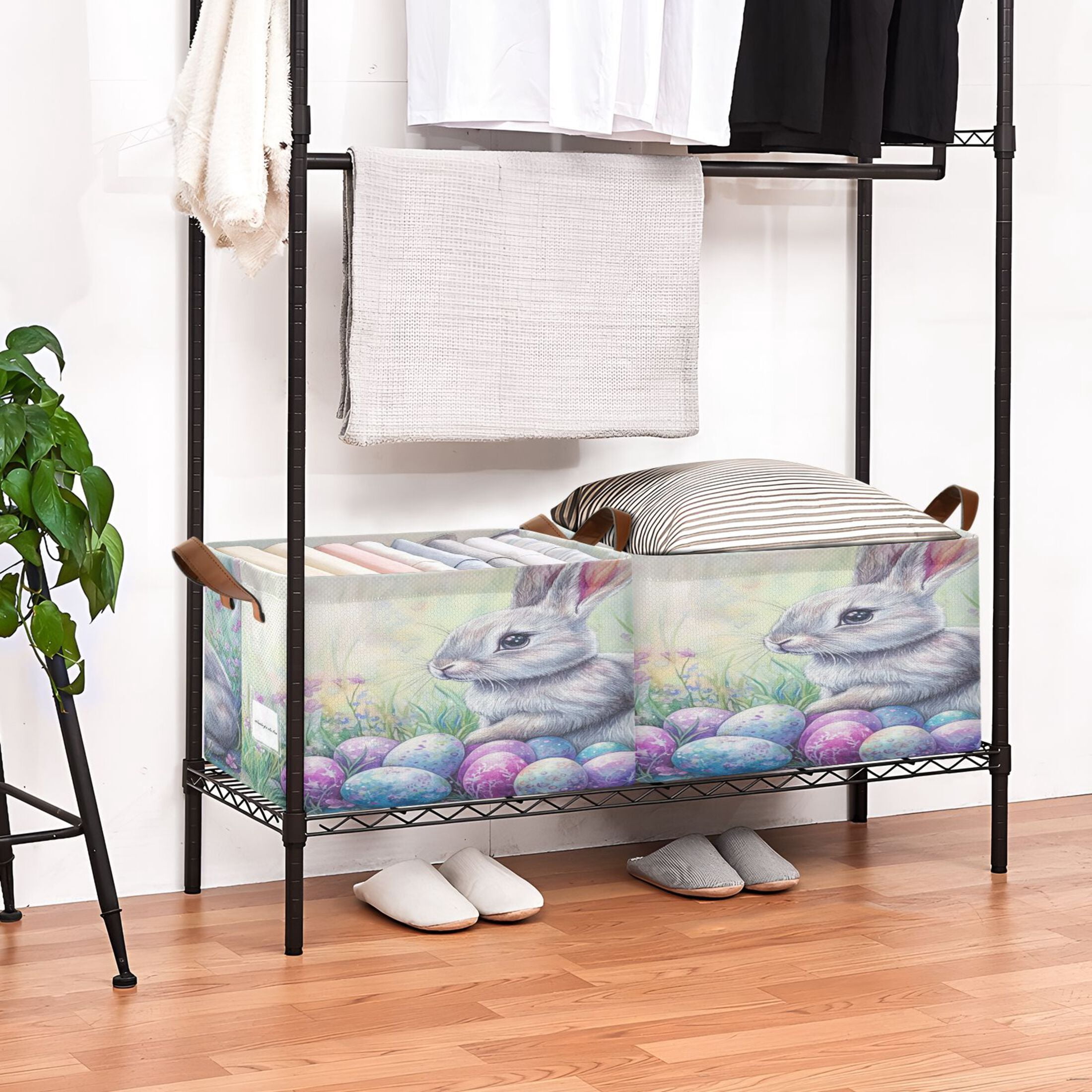 WOBOGO Easter Blue Bunny Storage Basket 16.9×11.4×10in Collapsible Oversized with Metal Iron Frame Set of 1