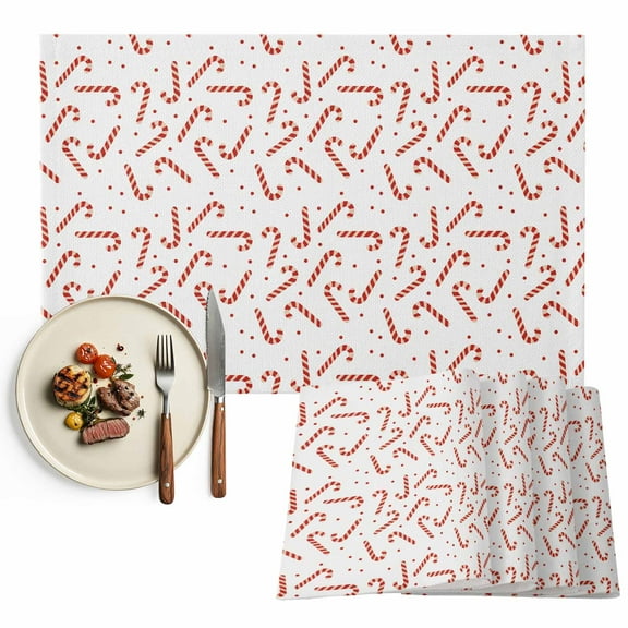 Candy Cane Pattern Christmas Placemats Set of 6, Red White Winter Snow Table Mats Washable Heat-Insulation Non-Slip Place Mats for Kitchen Dinner Table Indoor Outdoor Decor,13x19 Inch