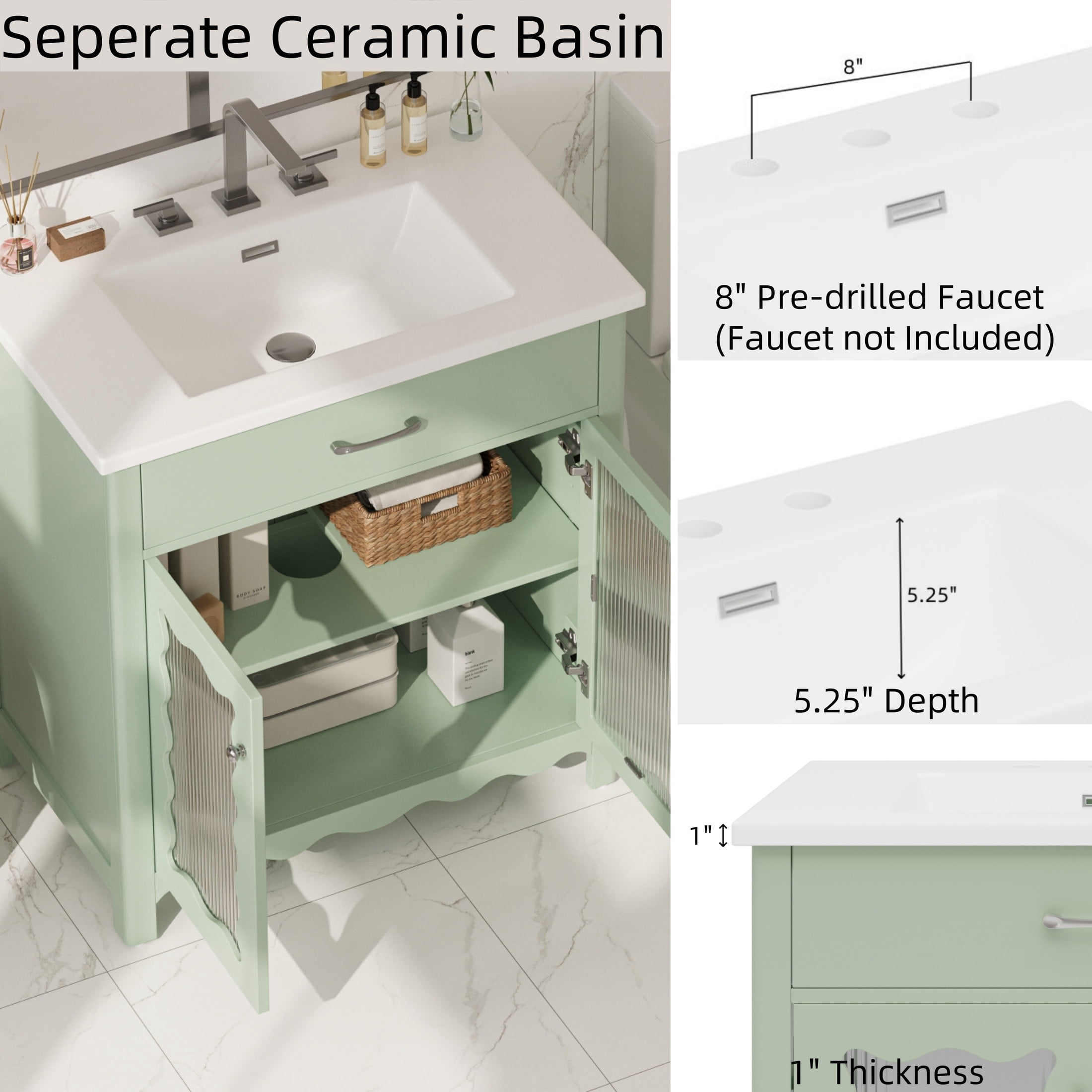 Christopher Knight Home 31" Modern Bathroom Vanity, Tempered Glass Cabinet with Ceramic Sink, Green