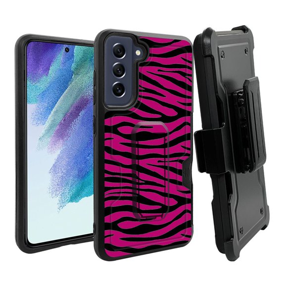 ANJ  Rugged Dual Layer Hybrid Holster Kickstand Case w/ Card Slot   Tempered Glass Cover for Samsung Galaxy S21 FE 5G - Hot Pink Zebra