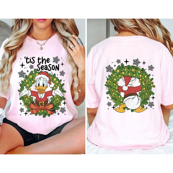 2 Sided Donald Duck Tis' The Season Xmas Shirt, Mickey's and Friends Very Merry Christmas Party 2025 Shirt, Magic Kingdom Family Trip Gift