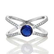 Gem Stone King 1.33 Cttw Blue Simulated Sapphire Criss Cross `X` Ring for Women | 925 Sterling Silver | Round 6MM | Wedding Engagement Anniversary Promise Ring for Women
