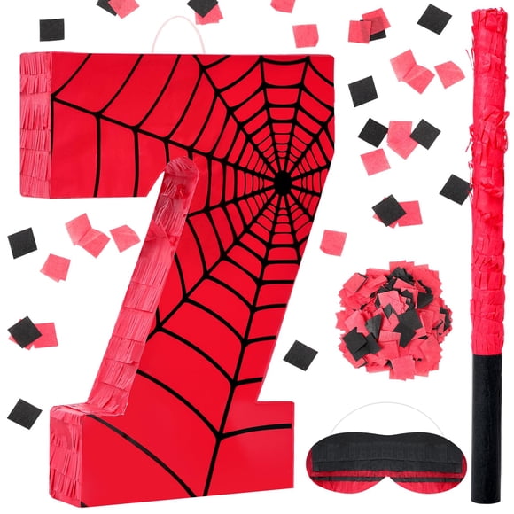 Piñata Simgoing número 7 en tela de araña con los ojos vendados y confeti