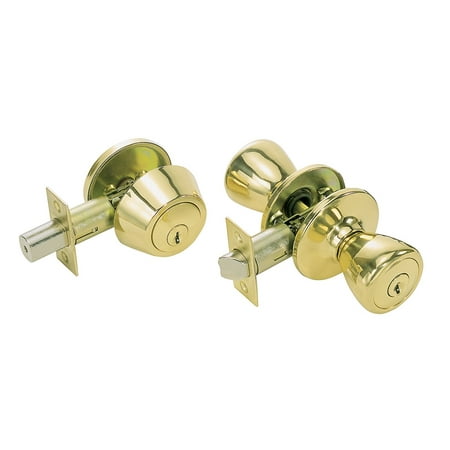 809004 Tulip Style Front Door Knob Entry Lockset and Single Cylinder Deadbolt Combination Set, US3 Polished Brass Finish, Includes.., By