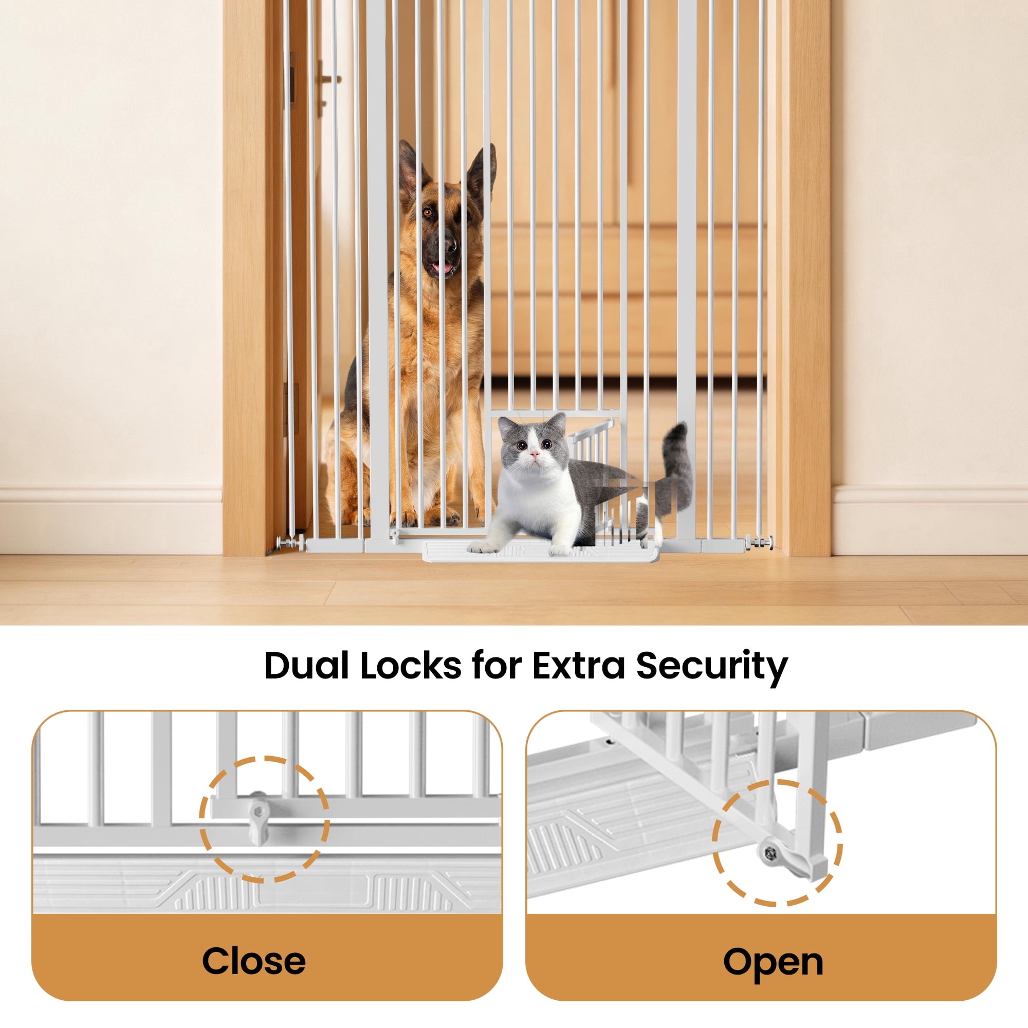 YIYADO 53.15" Extra Tall Cat Gate, 29.53"-40.16" Adjustable Pressure Mounted Pet Gate with Small Cat Door, Auto-Close Safety Gate for Cats & Dogs, White