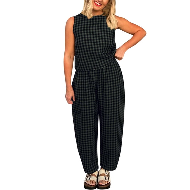Ensemble Pantalon Femme à Carreaux pour Invité de Mariage Combinaison Sans Manches Décontractée Ample Confortable