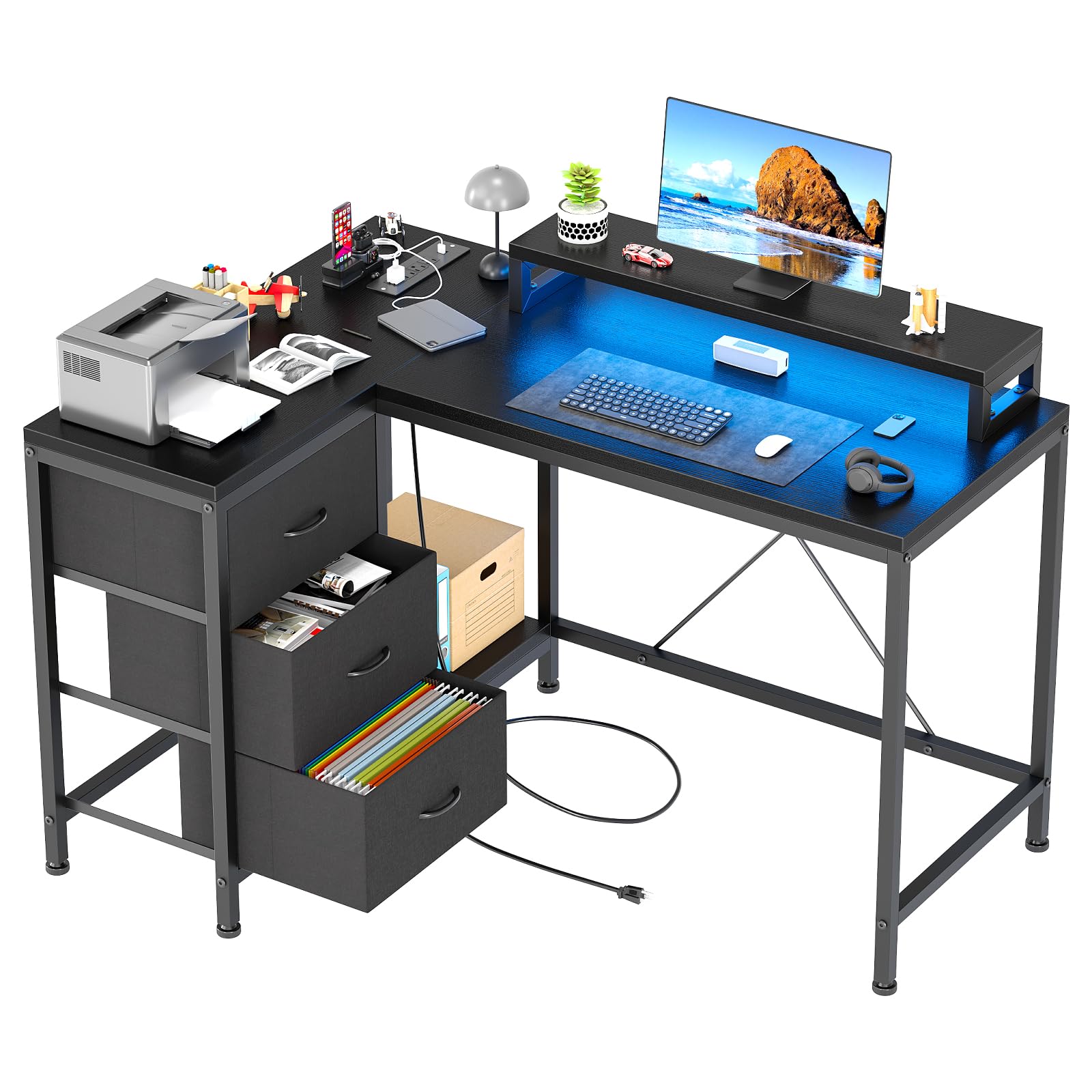 KOKEBREN 42" Reversible L-Shaped Gaming Desk Computer Desk with 3 Drawers,Power Outlets & LED Lights,Corner Desk Office Desk with Monitor Stand,Black