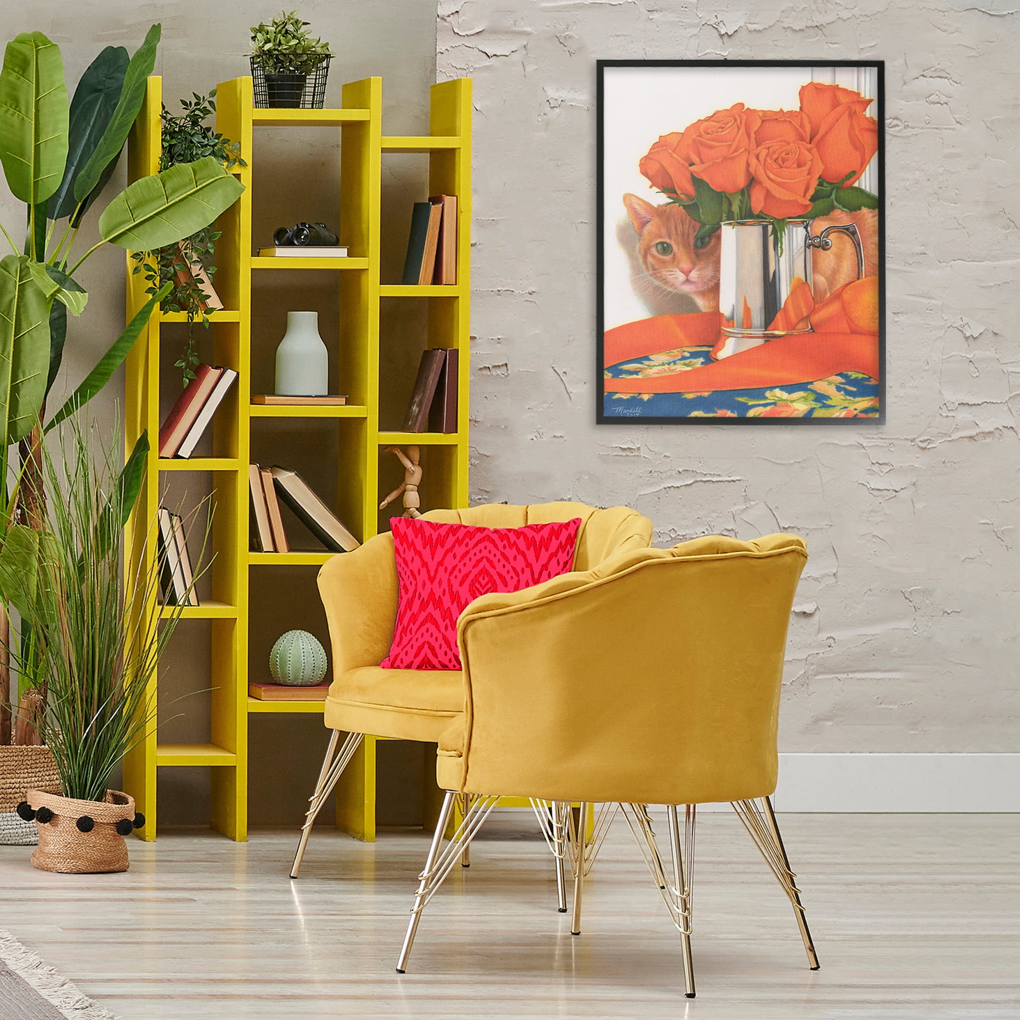 Stupell Industries Cat Peeking Rose Bouquet Animals & Insects Painting Black Framed Art Print Wall Art, 24 x 30