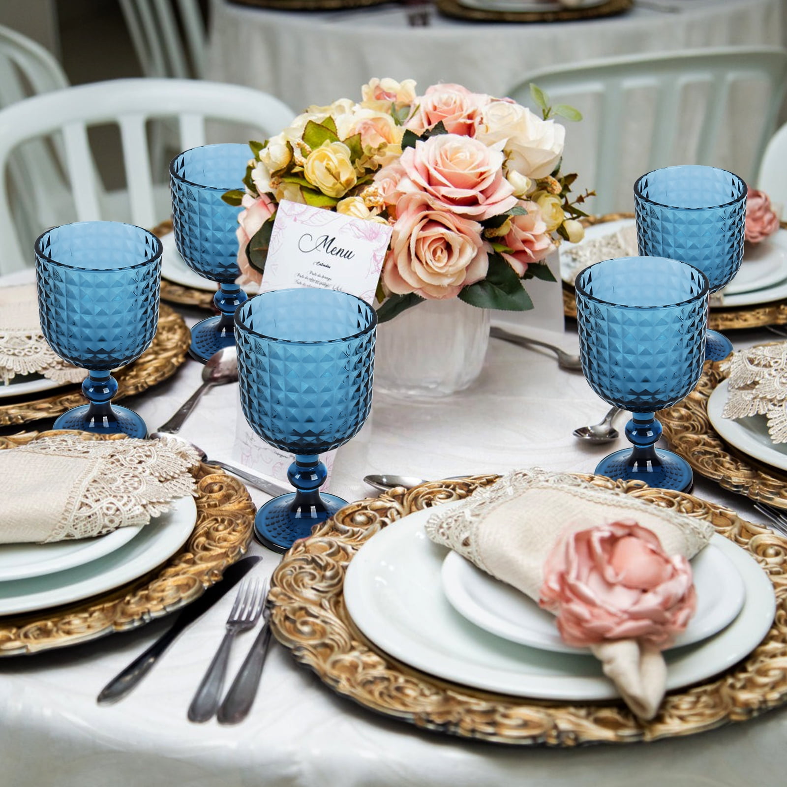 Blue Diamond Pattern Glass Cups Set of 6, 360ml Vintage Crisscross Design, Whiskey Wine Coffee Glasses, Dishwasher Safe for Wedding, Party & Daily Use