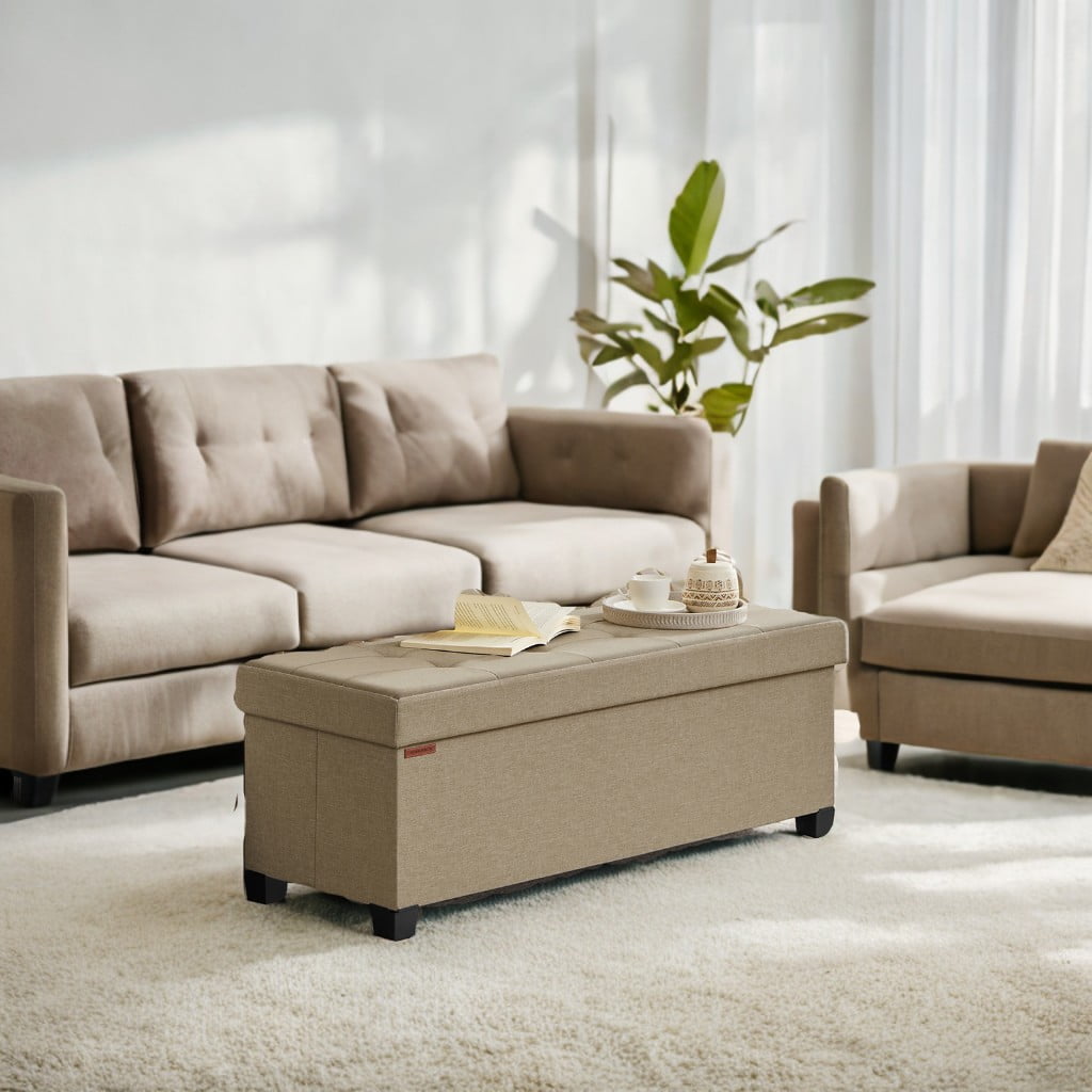 SONGMICS 43" Storage Ottoman Bench Foldable Ottoman with Storage Ottoman for Bedroom Living Room Camel Brown