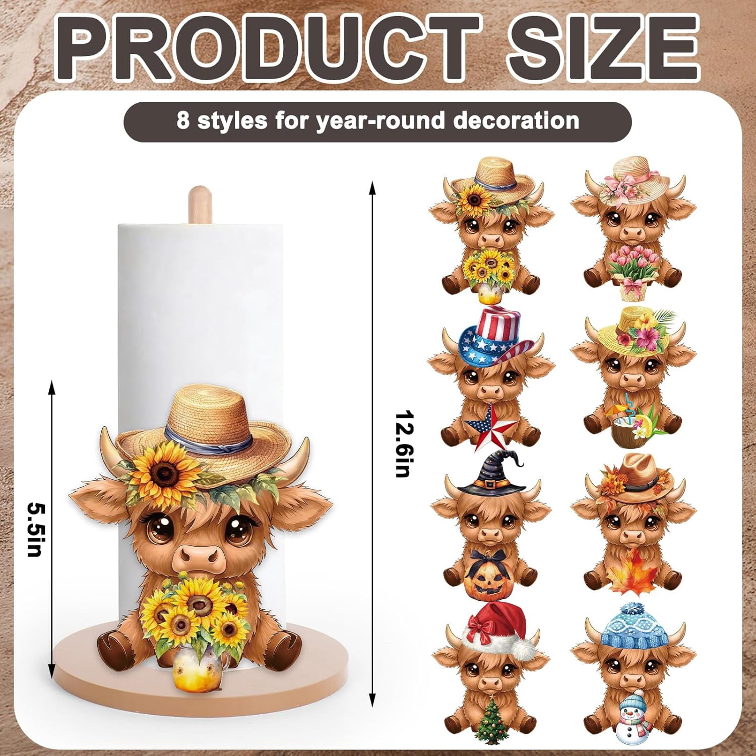 Wooden Paper Towel Holder with 8Pcs Seasonal Holiday Highland Cow Interchangeable Signs Spring Summer 4th of July Fall Winter Christmas Towel Holder Stand for Kitchen Bathroom Countertop