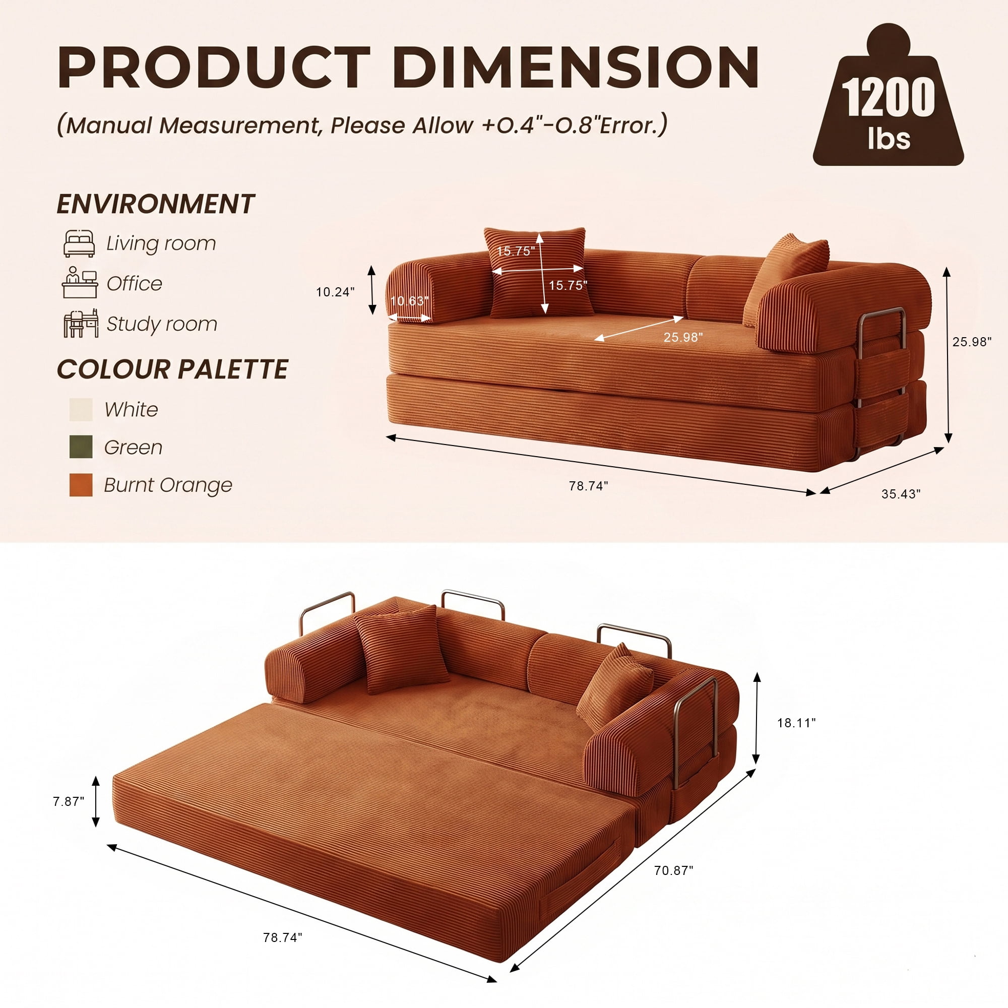 Aukfa 79" Convertible Futon Sofa Bed with Fixed Frame, 5-in-1 Boneless Couch for Living Room, Corduroy, Orange