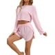 thumbnail image 3 of Pijamas de loungewear para mujeres INSPIRE CHIC, tops de manga larga con corte y pantalones cortos con abertura, conjuntos XS en rosa, 3 of 4