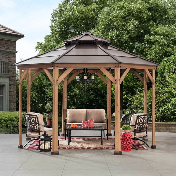 SUNJOY Ion Collection 13 x 13 ft. Cedar Framed Octagon Wood Gazebo with Brown Double Tiered Steel Hardtop Roof and Ceiling Hook for Garden, Backyard Shade