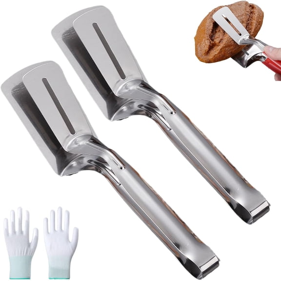 Stainless Steel Grill Clamp, Anti-Scald Extended Handle Spatula Tongs, Heavy-Duty Slotted Double Spatula for BBQ Grilling, Stainless Steel Cooking Tongs for Flipping Steak, Fish, Bread (Silver*2）（X）