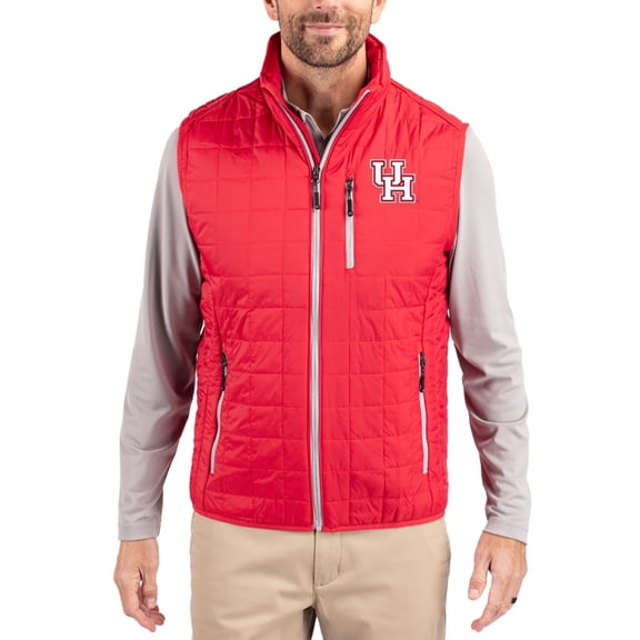 Men's-Cutter & Buck  Red Houston Cougars Rainier Eco Insulated PrimaLoft Full-Zip Puffer Vest
