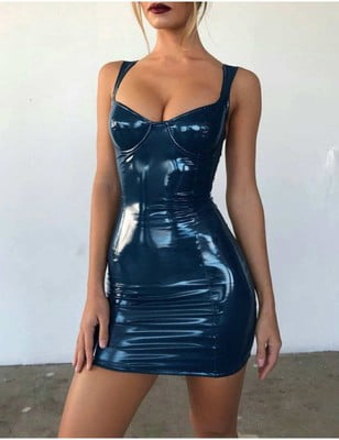 Sexy Backless Party Short Solid Faux Leather Mini Dress