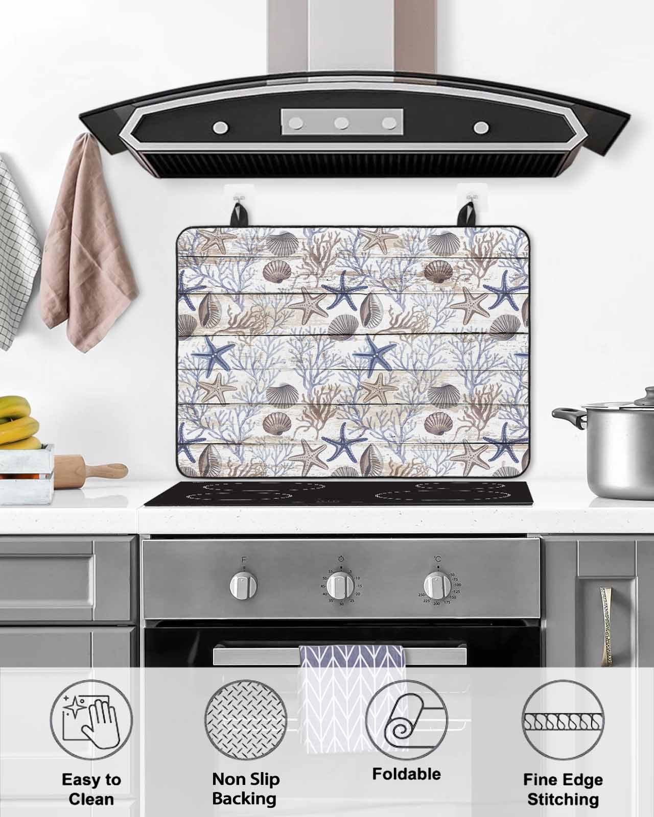 nqOlkjepod Large Induction Cooktop Protector Mat 36"x21", Blue Coastal Stove Top Covers for Electric Stove, Starfish Shell Coral Ocean Wooden Stove Burner Cover Mats, Glass Top Stove Cover