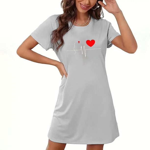 Camisón corto de San Valentín para mujer, talla grande, estampado en el pecho, cuello redondo, manga corta